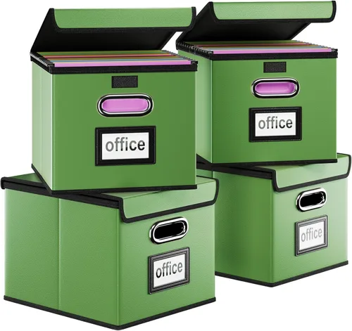 Vista 9 de Caja organizadora de archivos Huolewa con tapa, caja organizadora de carpetas de archivos colgantes de cuero sintético plegable con deslizadores