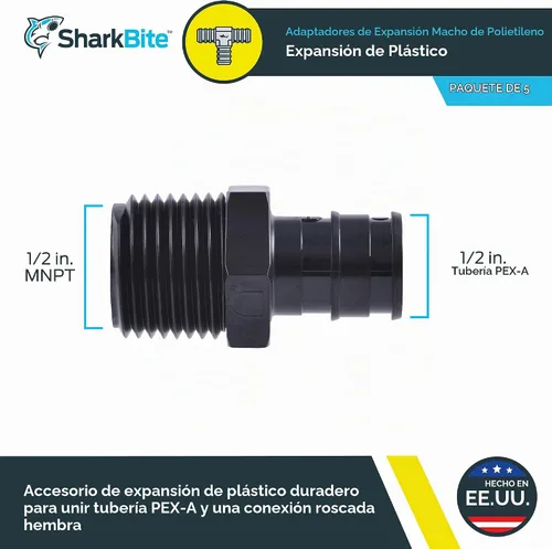Vista 2 de SharkBite Adaptador de expansión Poly MNPT de 1/2 x 1/2 pulgada para tubería PEX-A, paquete de 5, accesorios de plomería de plástico, adaptador