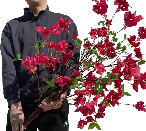 Vista 2 de Ramas de flores artificiales de buganvilla, tallos de buganvilla de seda con ramitas de árbol secas, tallos de vegetación sintética de tacto real
