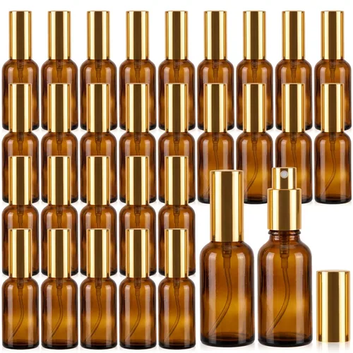 Vista 30 de Roshtia 30 botellas vacías decorativas transparentes de 0.33 onzas fluidas de color madera de haya con atomizador de perfume recargable, con bomba