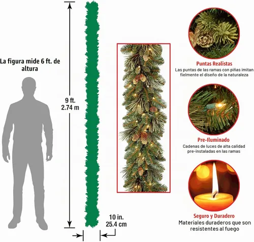 Vista 3 de National Tree Company - Guirnalda de Navidad artificial preiluminada de 9 pies de pino de Carolina, decoración navideña con conos de pino, 100 luces