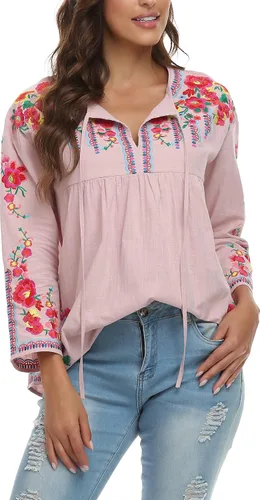 Vista 2 de YZXDORWJ Camisa bordada mexicana para mujer