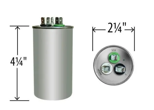 Vista 2 de Reemplazo de condensador universal dual redondo de 35 + 10 uf / Mfd Amrad USA2227B - utilizado para 370 o 440 VCA, fabricado en los Estados Unidos.