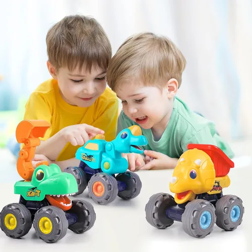 Vista 7 de iPlay, iLearn Juguete de camión monstruo de dinosaurio de 3 piezas, auto de tracción para bebé, camiones de construcción de dinosaurios Push Go