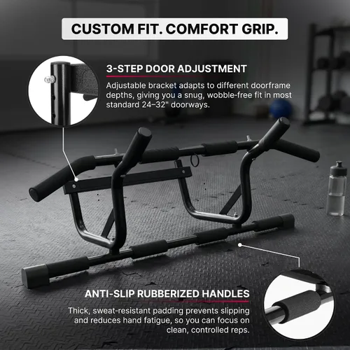 Vista 4 de DMoose Fitness Barra de dominadas para puerta – Capacidad de hasta 250 libras, sin atornillar ni deslizarse, dominada colgante y barra de barbilla