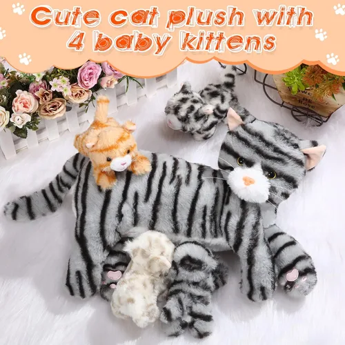 Vista 5 de Skylety Animal de peluche Nurturing con 4 gatitos de peluche, gatos de peluche para niñas y niños, mamá gatita de peluche con gatitos para regalos