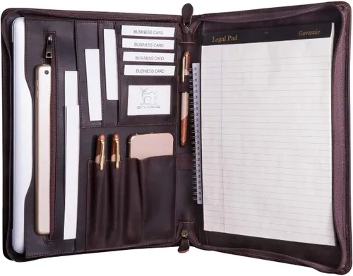 Vista 10 de Portafolio Carpeta Profesional de Cuero Genuino con Cremallera para Hombres y Mujeres, Portafolio de Trabajo con Bloc de Notas para Reuniones