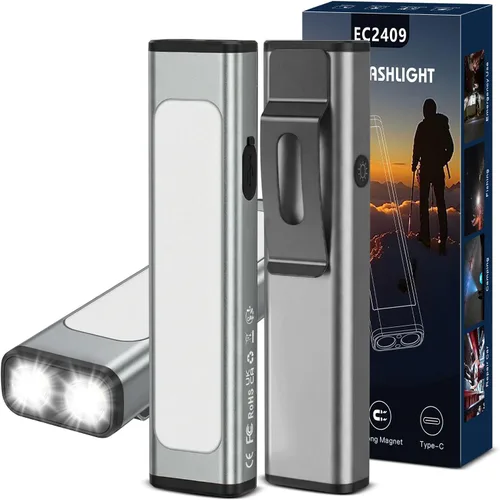 Vista 18 de Linterna plana EDC recargable, 1200 lúmenes USB-C (naranja, 1 unidad) Linterna de bolsillo con clip, 9 modos de luz magnética impermeable pequeña