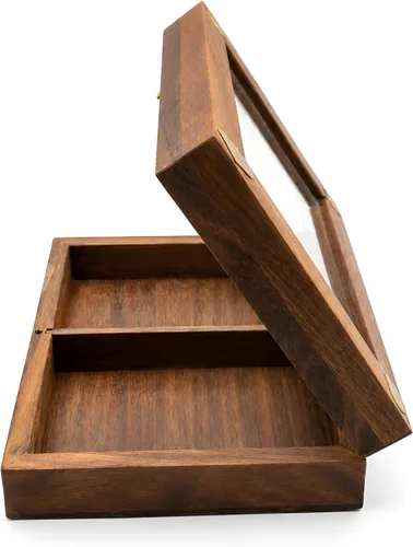Vista 2 de Caja de almacenamiento de cartas de madera hecha a mano para 2 cubiertas, estuche de madera Sheesham con pantalla superior transparente y pestillo