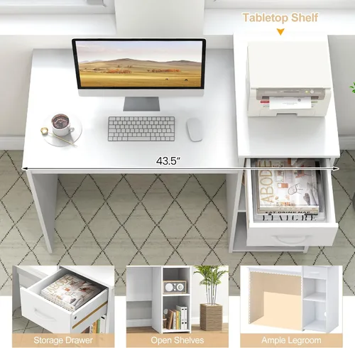 Vista 4 de Giantex Escritorio para computadora con almacenamiento, moderna mesa para computadora portátil con estante para impresora, cajón, soporte para CPU