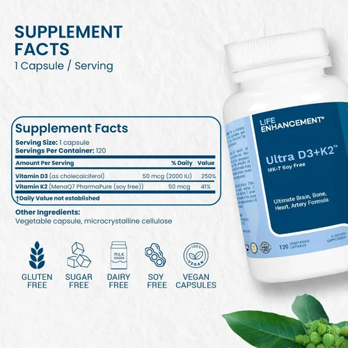 Vista 2 de Life Enhancement Vitamina D3 K2 2000iu apoya la salud muscular y cerebral - Suplemento D3 K2 ayuda en el apoyo inmunológico y cardiovascular