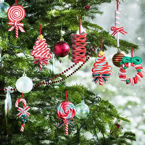 Vista 5 de codree 8 piezas Adornos colgantes de piruleta de Navidad - Adornos de caramelo para árbol de Navidad - Adorno de arcilla polimérica de caramelo