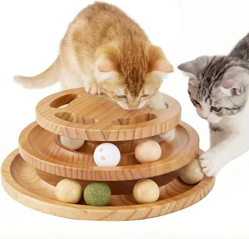 Vista 9 de ZOMISIA Juguete de Pista de Bola para Gatos con Rompecabezas en la Parte Superior y Campana DIY, Juguetes de Madera para Gatos de Interior, Torre