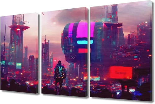 Vista 83 de Arte de pared de 3 piezas de escena de ciencia ficción de la calle comercial futurista paisaje urbano, decoración de pared para dormitorio