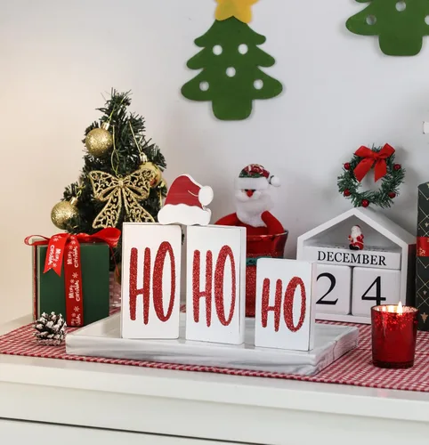 Vista 5 de Ho Bloques de Navidad de madera para decoración de mesa y fiesta, 4 piezas (blanco)