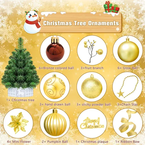 Vista 7 de Mini árbol de Navidad de mesa de 2 pies, árbol de Navidad pequeño dorado para interiores y hogar, granja, chimenea, mesa, decoración de Navidad