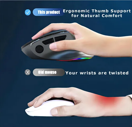 Vista 5 de Ratón ergonómico con forma de manos medias, modo dual (Bluetooth+USB), recargable con túnel carpiano vertical Bluetooth inalámbrico