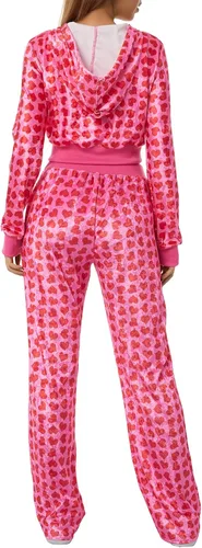 Vista 5 de Yiiciovy Conjunto deportivo de terciopelo rosa de 2 piezas para mujer, estampado de corazón, cremallera, sudadera con capucha Y2K, sudadera