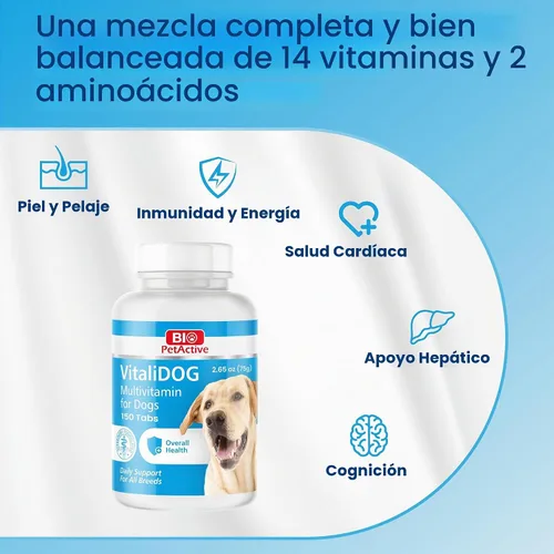 Vista 3 de Bio PetActive VitaliDOG Multivitamínico masticables para perros con biotina, vitaminas A E complejo B y aminoácidos, apoya la piel sana, el pelaje
