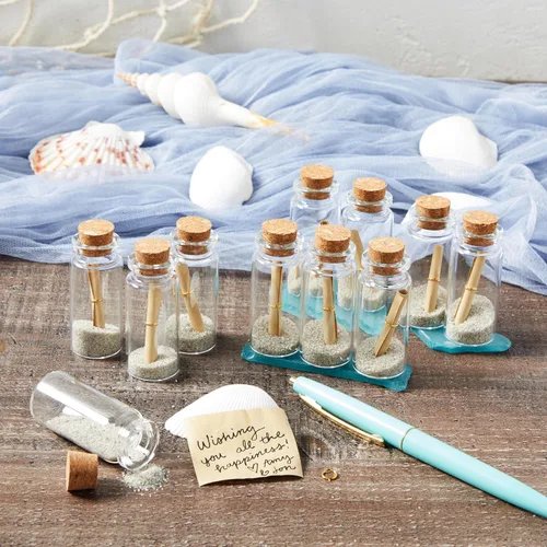 Vista 2 de Bright Creations Paquete de 48 botellas de vidrio pequeñas de corcho de 0.3 fl oz con mini pergaminos para cápsulas de tiempo, recuerdos de boda