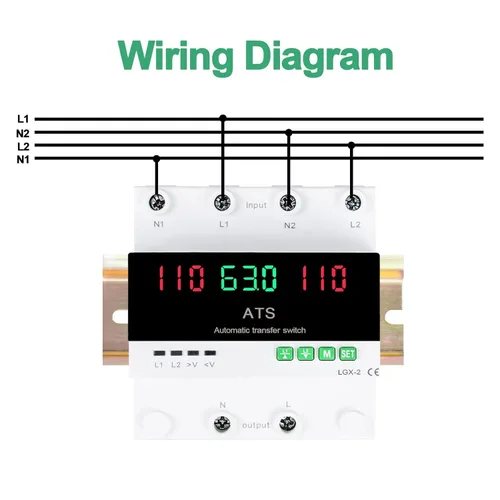 Vista 6 de Interruptor de transferencia automática/manual de 63A 110V, selector de fase de prioridad L1, pantalla LED, montaje en carril DIN, 50/60Hz, ATS