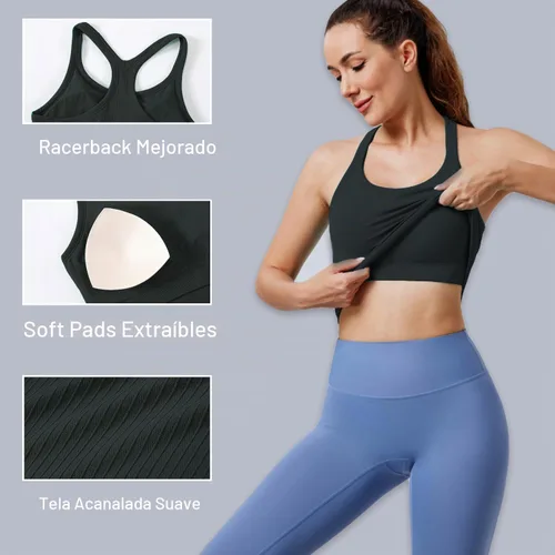 Vista 4 de Women's Workout Tank Tops, with Built in Bra Racerback Seamless Crop Tops Negro Blanco Gris 3 Pack