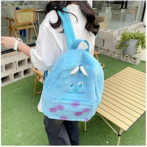 Vista 4 de Mochila Kawaii Fuzzy Daypack, lindo diseño de animales esponjosos Y2K, elegante, de dibujos animados, bolsa de hombro diaria, Azul, Mochilas Daypack