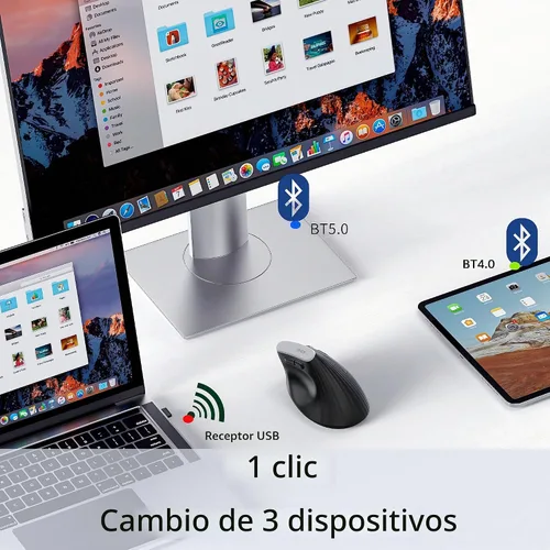 Vista 3 de Uineer Ratón ergonómico Bluetooth 5.0/4.0, mouse inalámbrico vertical de 2.4 GH, con receptor USB-A, alimentado por batería, conectividad de 3