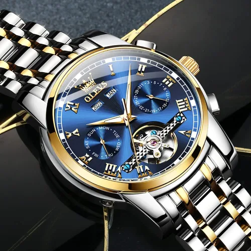 Vista 7 de OLEVS Relojes automáticos de cuerda automática para hombre, fecha y día, calendario, relojes de acero inoxidable, movimiento esquelético