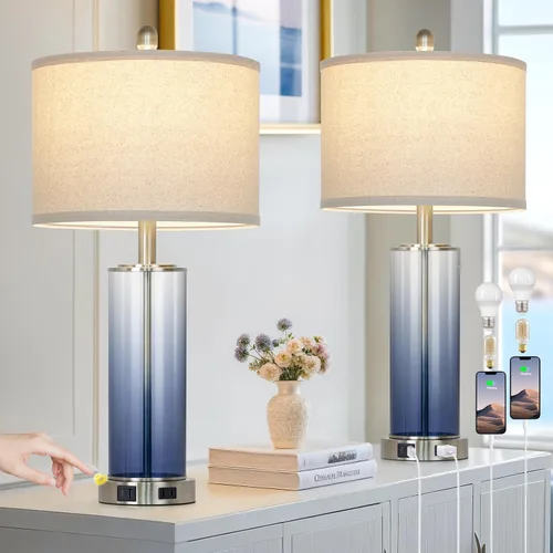 Vista 15 de Juego de 2 lámparas de mesa de cristal negro de 26 pulgadas, lámpara de sala de estar con control táctil regulable de 3 vías con puertos USB C+A