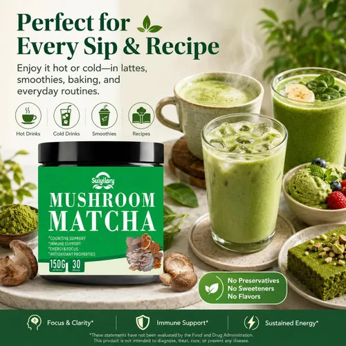 Vista 2 de Suiyilary Matcha de hongos, té matcha ceremonial en polvo con 7 hongos superalimentos, sin gluten, sabor genial matcha caliente o frío último, 5.29