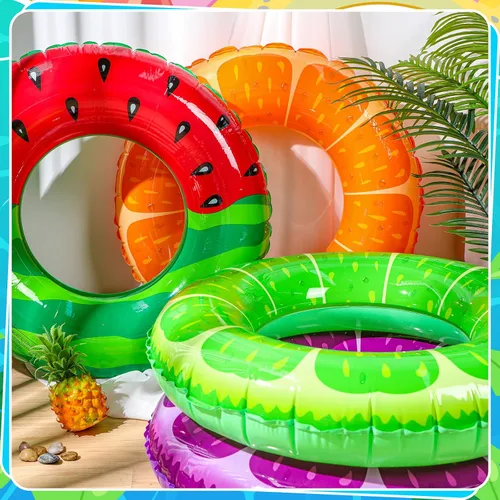 Vista 4 de 6 unidades de flotadores inflables de frutas para piscina, anillos de natación, sandía, naranja, uva, limón, kiwi, juguetes de piscina, tubos