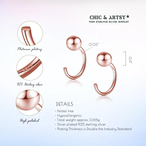 Vista 5 de Aretes de medio aro, aretes de aro pequeños de plata de ley 925 de bola, barra, estrella, luna, corazón, cruz, punto, triángulo, aretes