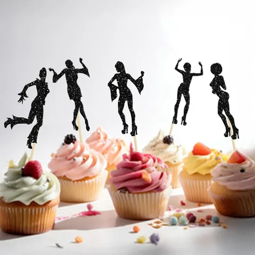 Vista 5 de 24 piezas de decoración de cupcakes de discoteca de los años 70 con purpurina negra, selecciones bailarinas de los 80 para decoración de pasteles