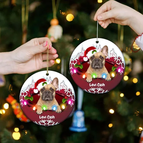 Vista 3 de Adorno personalizado para árbol de Navidad de perro Bulldog francés, regalo para amantes de los perros, adorno de Navidad personalizado de bulldog