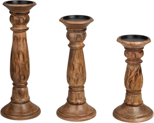 Vista 8 de Juego de 3 candelabros de pilar de madera de granja - Portavelas altos rústicos hechos a mano para decoración del hogar, centros de mesa, bodas