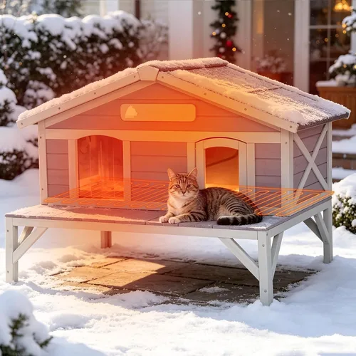 Vista 23 de Heated Cat House for Outside,Weatherproof Insulated Feral Shelter Solid wood structure with 6-sided insulated liner & certified heating pad. Keeps