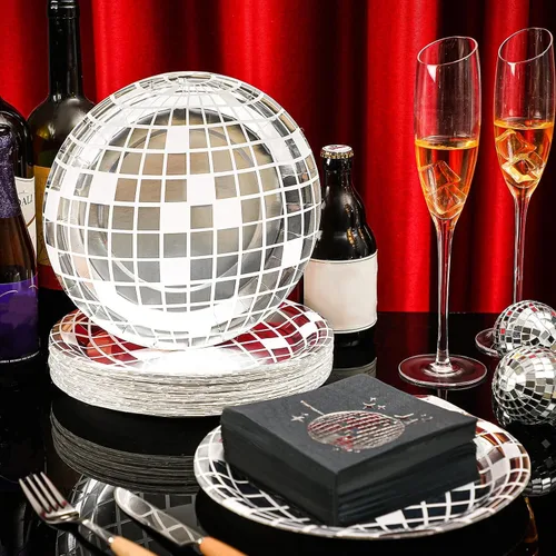 Vista 2 de Funtery 200 platos de discoteca y servilletas de los años 70 y 80, incluye platos de papel de bola de discoteca y servilletas para 100 invitados