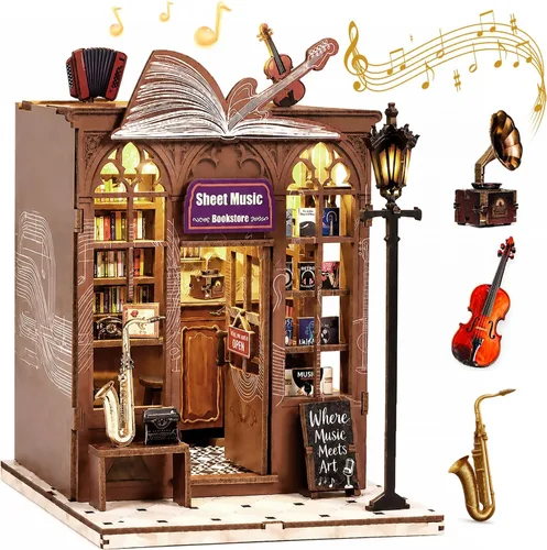 Vista 12 de Kit de rincón de libros, casa en miniatura con luces LED, rompecabezas de madera 3D para adultos, kit de construcción de mini casa de muñecas