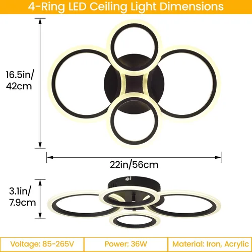 Vista 5 de Moderna lámpara LED de techo de 22 pulgadas, 36 W, 3000 lúmenes, 3000 – 6500 K, regulable con control remoto, lámpara de techo empotrada para Negro