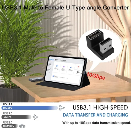 Vista 4 de QIANRENON Convertidor de adaptador USB 3.1 en forma de U de 10 Gbps 180 grados USB A macho a hembra, compatible con transferencia de datos OTG 3A