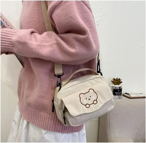 Vista 3 de Lindas bolsas kawaii, carteras estéticas, pequeñas de pana cruzada con llaveros de oso, regalo kawaii para mujeres, adolescentes y niñas