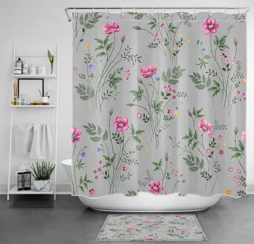 Vista 12 de Cortina de ducha floral rosa para baño, flores silvestres y hojas verdes salvia sobre beige, cortinas de ducha con ganchos, juego de cortinas