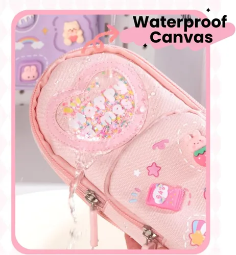 Vista 4 de Estuche de cartón lindo con diseño de oso y conejito de fresa, helado, 3 capas, gran capacidad, estuche organizador de cosméticos (rosa-1)