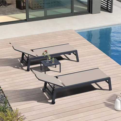 Vista 45 de PURPLE LEAF Juego de 2 tumbonas de aluminio para patio al aire libre con ruedas y mesa auxiliar, tumbona de piscina para jardín al aire libre, junto