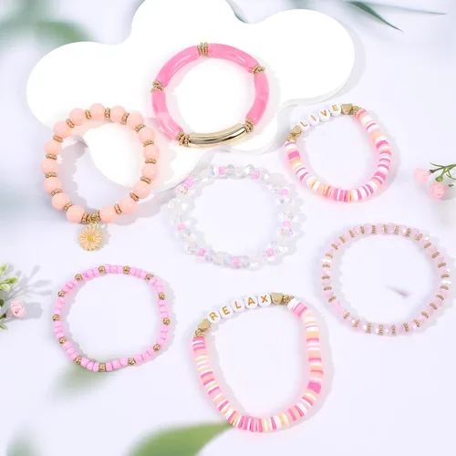 Vista 4 de Bohemian Colorful Beaded Bracelets for Women Boho Stackable Natural Stone Letter Clay Glass Beads Stretch Bracelet Set with Charm, Cute Rainbow