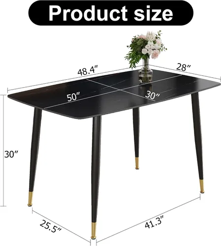 Vista 2 de Mesa de comedor de piedra sinterizada negra de 48.4 pulgadas, mesa de cocina rectangular minimalista con patas de metal negro, mesa de comedor