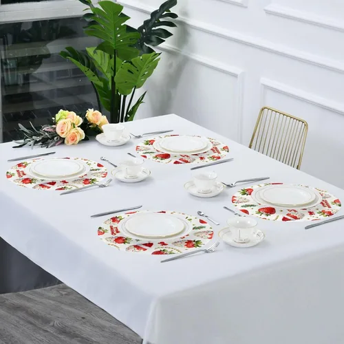 Vista 6 de Merry Christmas Red Strawberry Round Place mat Christmas Reversible Quilted placemat individuales para mesa de comedor Rose Gold 15.4x15.4in Set of 6