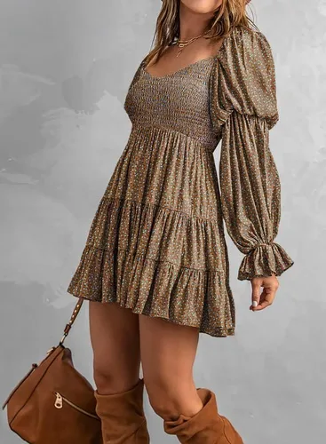 Vista 7 de Dokotoo Vestido de otoño 2024 para mujer, elegante, hombros descubiertos, cuello en V, manga larga, volantes, mini vestidos cortos para patinadora