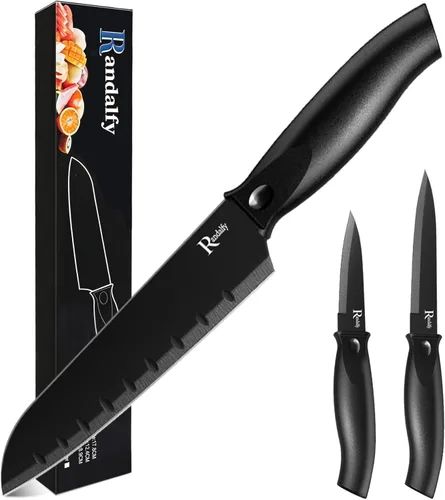 Vista 8 de Juego de cuchillos de cocina con bloque, 7 cuchillos de chef, tijeras, para picar carne/verduras/frutas, rebanar, cortar en cubitos y cortar